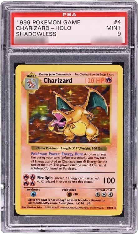 1999 Base Set Shadowless Charizard holo graded PSA 9, in the Pull Pool
